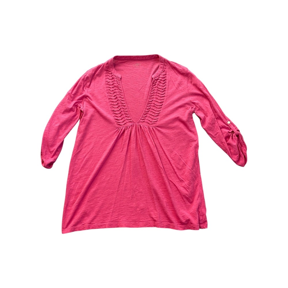 LOFT Pink‎ V Neck Ruffled Tunic Top Roll Tab Sleeve Casual Women's Top